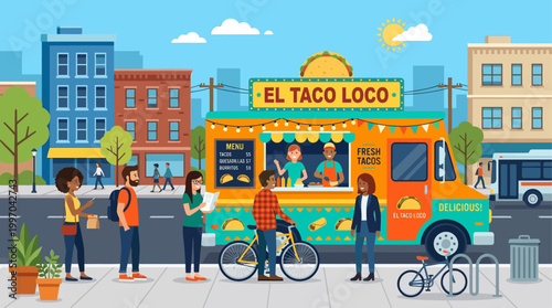 A lively flat design scene depicting a busy taco truck serving delicious street food to happy customers in an urban setting.
