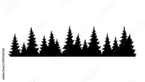 Fir trees silhouette. Coniferous spruce horizontal background pattern, black evergreen woods vector illustration. Beautiful hand drawn panorama of coniferous forest