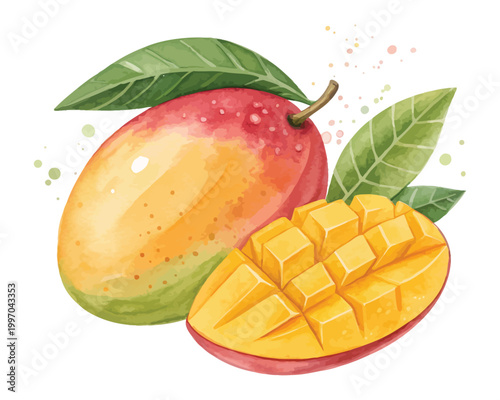 Hand-Painted Mango Fruit Watercolor, Juicy Tropical Food Clipart, Isolated Vector Illustration