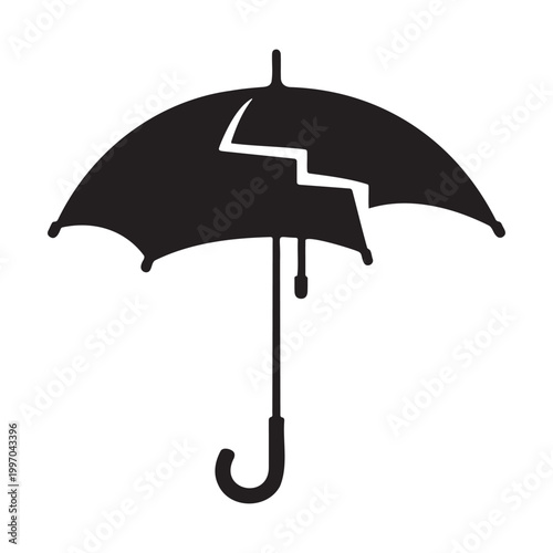 Broken umbrella silhouette icon isolated on white background. black cracked umbrella vector illustration representing failure