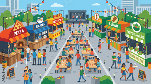 A vibrant flat design illustration depicting a bustling global street food festival, showcasing a variety of delicious international culinary delights.