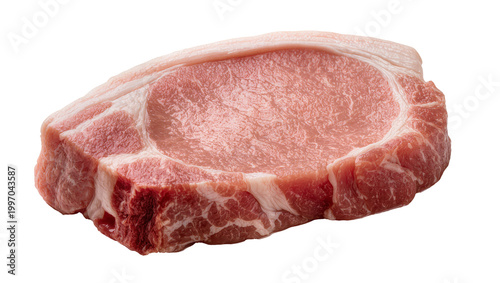 Raw marbled pork chop with fat and pink meat texture
