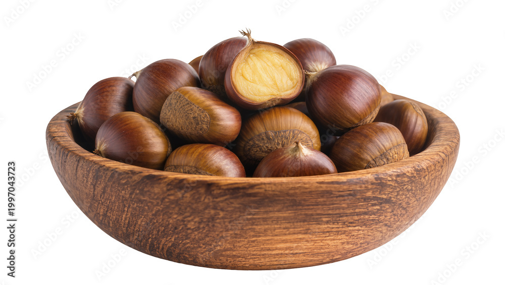 Fototapeta premium Wooden bowl full of brown chestnuts with green husks