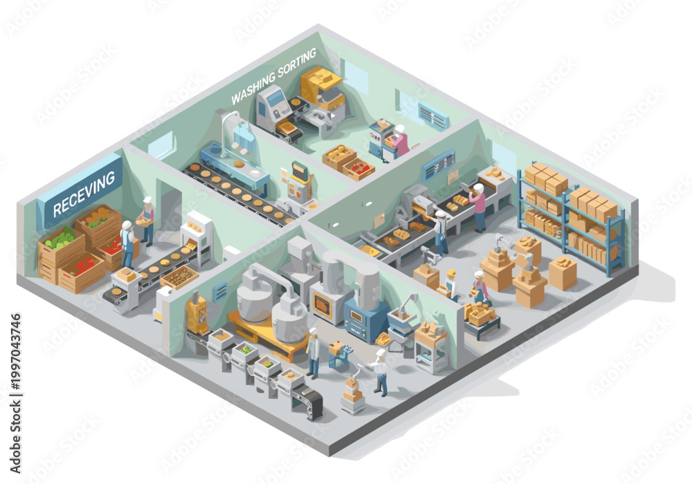 Obraz premium Isometric view of a modern food processing factory with automated production lines