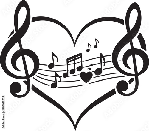 Musical notes in heart shape illustration with treble clef Vector