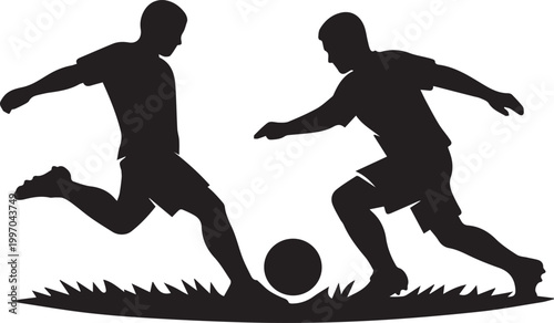 Two soccer players competing for a ball on grass field Vector