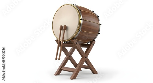 Isometric Traditional Bedug Drum on Wooden Stand for Ramadan Kareem, Eid Mubarak Celebration, Islamic Culture, Mosque Instrument, Religious Festival, Cultural Heritage Illustration