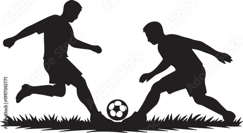 Two soccer players competing for a ball on grass field Vector