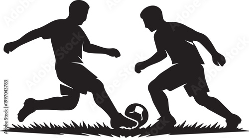 Two soccer players competing for a ball on grass field Vector