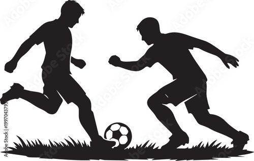 Two soccer players competing for a ball on grass field Vector