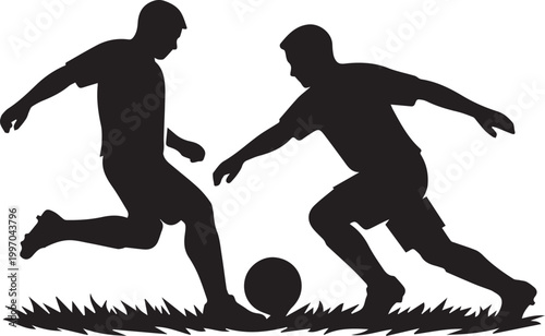 Two soccer players competing for the ball on grass field Vector