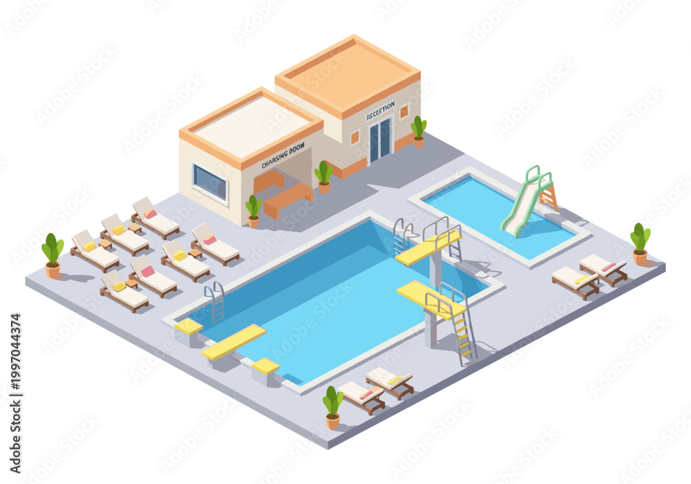 Obraz premium Isometric swimming pool complex with diving boards, slide, and lounge chairs