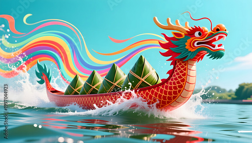 Dynamic dragon boat racing scene for Dragon Boat Festival