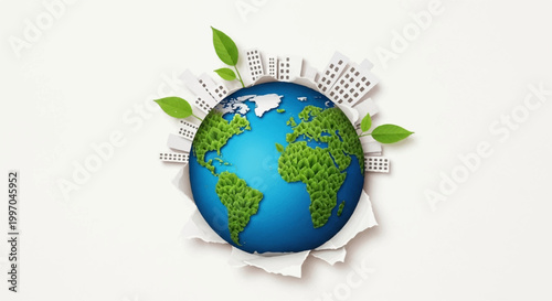 Earth globe with green forest growing out of it on white background