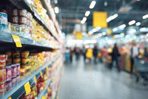 Abstract defocus blurred of consumer goods in supermarket grocery store, business retail and customer shopping mall service, motion blurry concept. Generative AI image