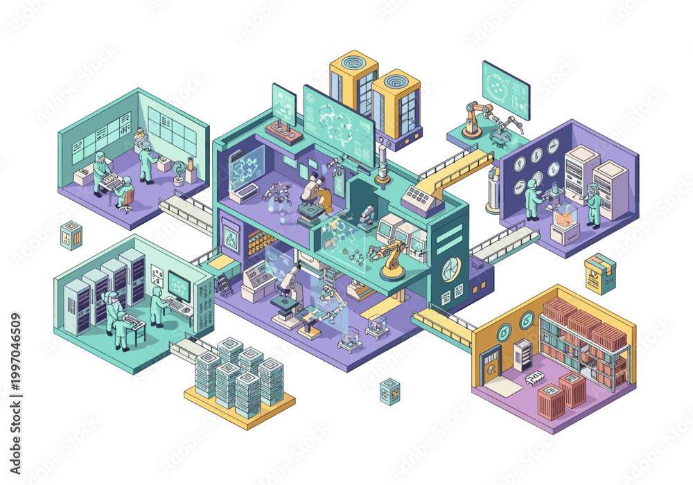 Obraz premium Modern laboratory complex with robotic arms and scientists conducting research
