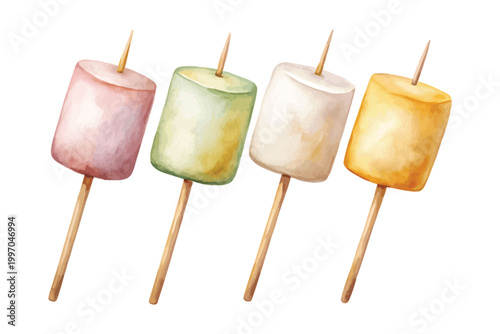set of Watercolor Marshmallow Stick Icon, Camping Food Clipart, Isolated on White background