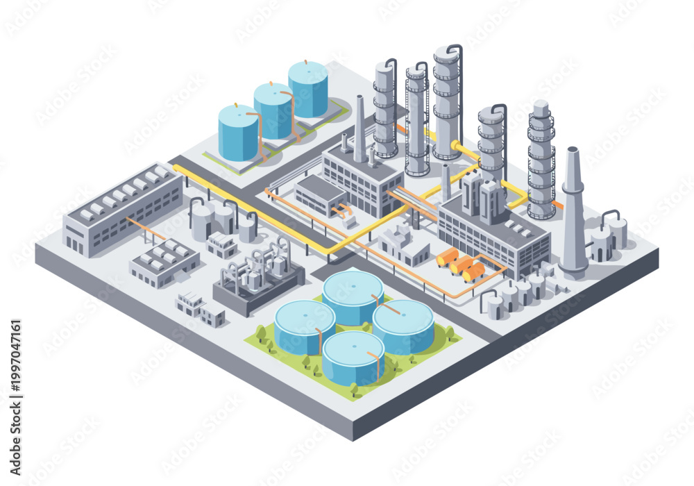 Obraz premium Isometric industrial complex with tanks, pipelines, and processing units
