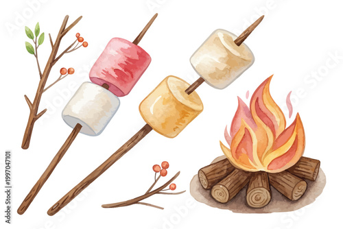 Hand-Painted Marshmallow on Stick Icon, Camping Snack Watercolor Clipart, Isolated Vector Illustration