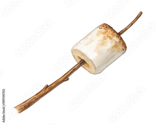 Watercolor Marshmallow Stick Icon, Camping Food Clipart, illustration Isolated on White background