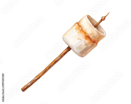 Watercolor Marshmallow Stick Icon, Camping Food Clipart, Isolated on White background