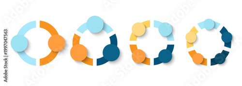 Blank template of pie chart divided into three, four and five parts isolated on white background