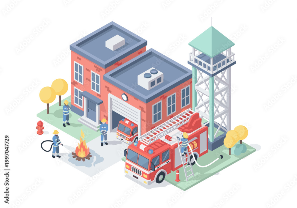 Fototapeta premium Firefighters bravely battling a blaze outside their station with trucks and equipment ready