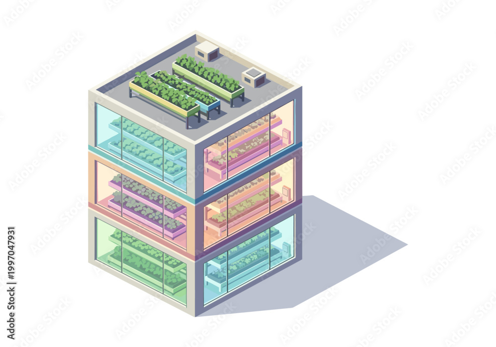 Obraz premium Modern vertical farm building with multiple levels of hydroponic growing systems