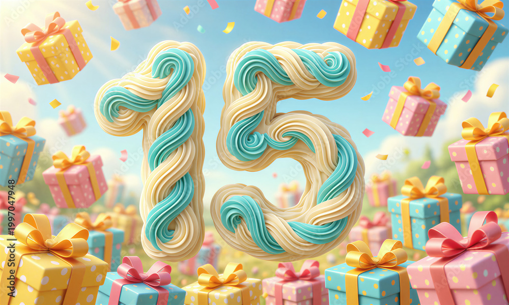 Obraz premium Large birthday 15 number cake decoration with swirly frosting surrounded by gifts.