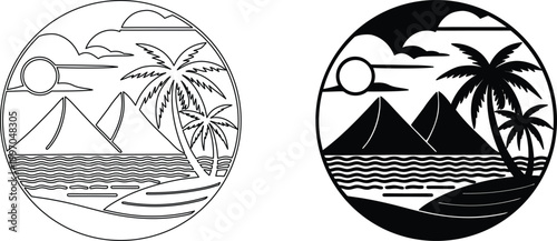 Tropical landscape with sun clouds mountains palm trees and ocean.