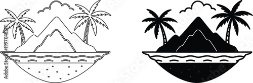 Tropical island with palm trees mountains ocean and clouds outline in circle.