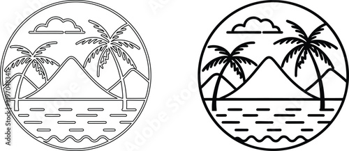 Circle emblem badge featuring tropical palm trees and mountain landscape vector graphic set.