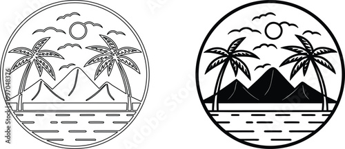 Exotic island scene with twin palm trees mountains sun and ocean line art and silhouette.