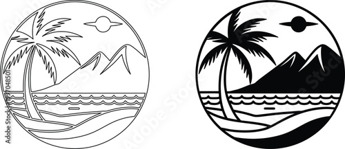 Minimalist landscape illustration featuring palm trees mountains and calm ocean line art.