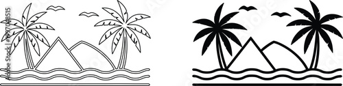 Minimalist beach landscape with palm trees and mountain peaks for summer travel concept.