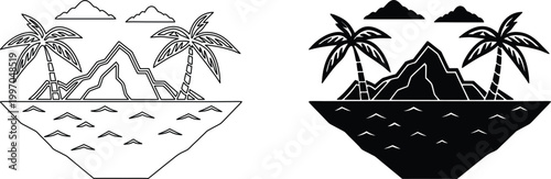 Minimalist summer island design with palm trees and mountain peaks vector art collection.