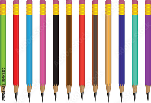 Vector illustration of sharpened colored pencils in a row isolated on a white background