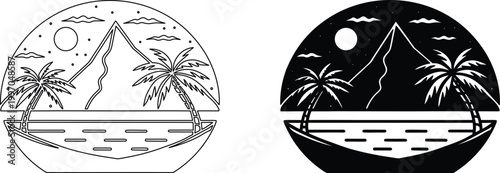 Night island landscape featuring palm trees and volcanic peak with moon circular graphic.