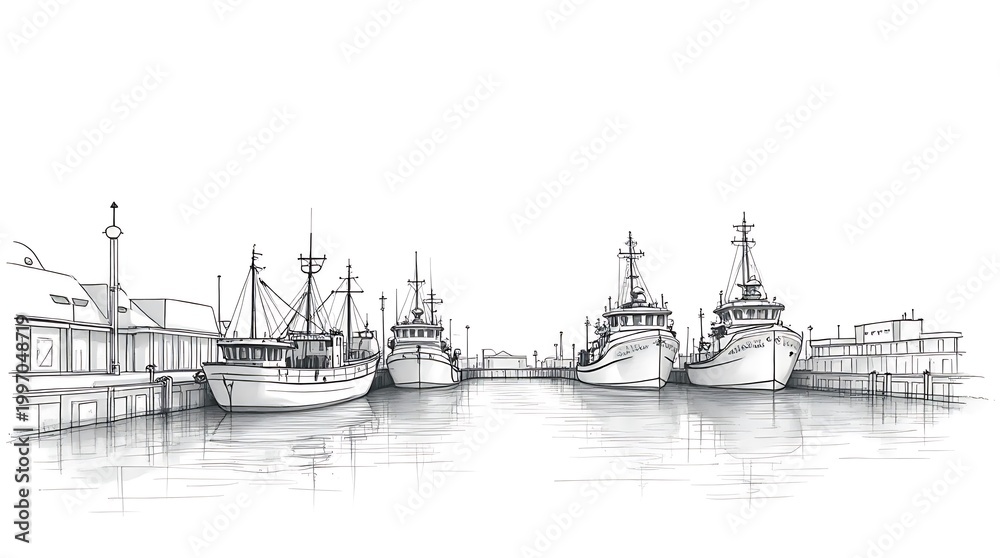 Fototapeta premium Calm Harbor Scene with Fishing Boats Moored at Docks