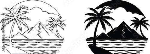 Summer tropical beach scene with palm trees and volcanic mountains in round badge design.