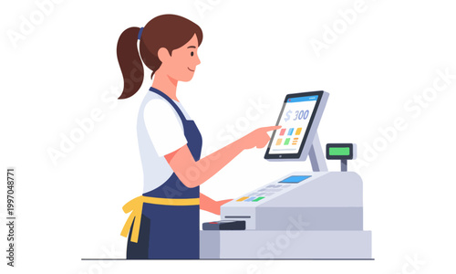 Female Cashier Operating POS System in Retail Shop
