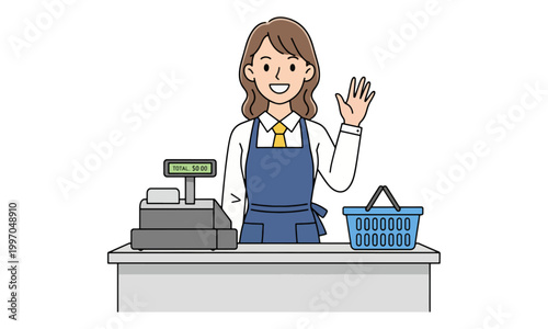 Female Cashier Waving at Grocery Store Checkout Counter