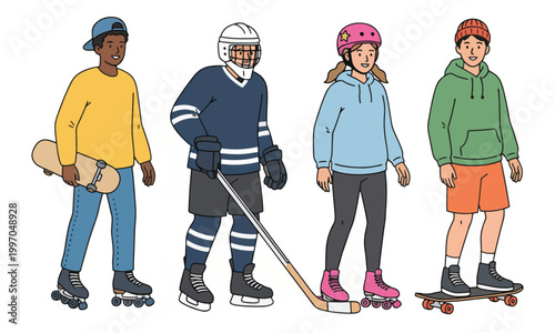 Diverse Teens Sports Hobby Characters with Skateboard and Skates