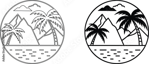 Tropical island scene with palm trees mountains ocean and birds in circle outline.