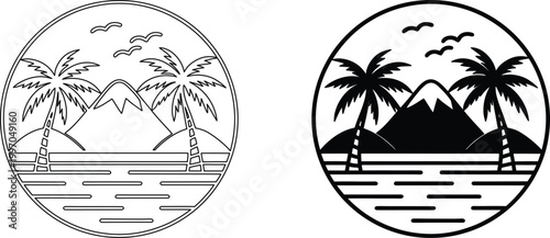 Tropical island scene with palm trees mountains ocean and birds solid filled circle.