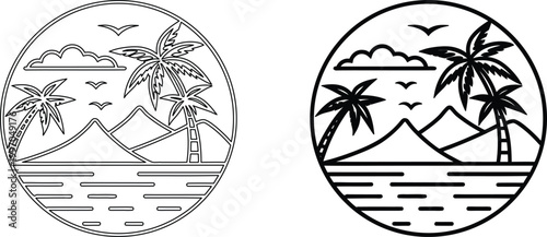 Tropical island scene with palm trees mountains ocean and birds in circle outline.
