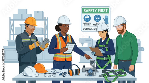 Safety Training for Diverse Industrial Workers Oil and Gas Industry Workplace Health and Hazard Prevention Vector Illustration