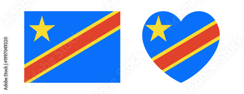 Democratic Republic of Congo flag heart, rectangular button, background, banner set. Rectangle, heart flag badge, sticker, icon, sign of Democratic Republic of Congo.