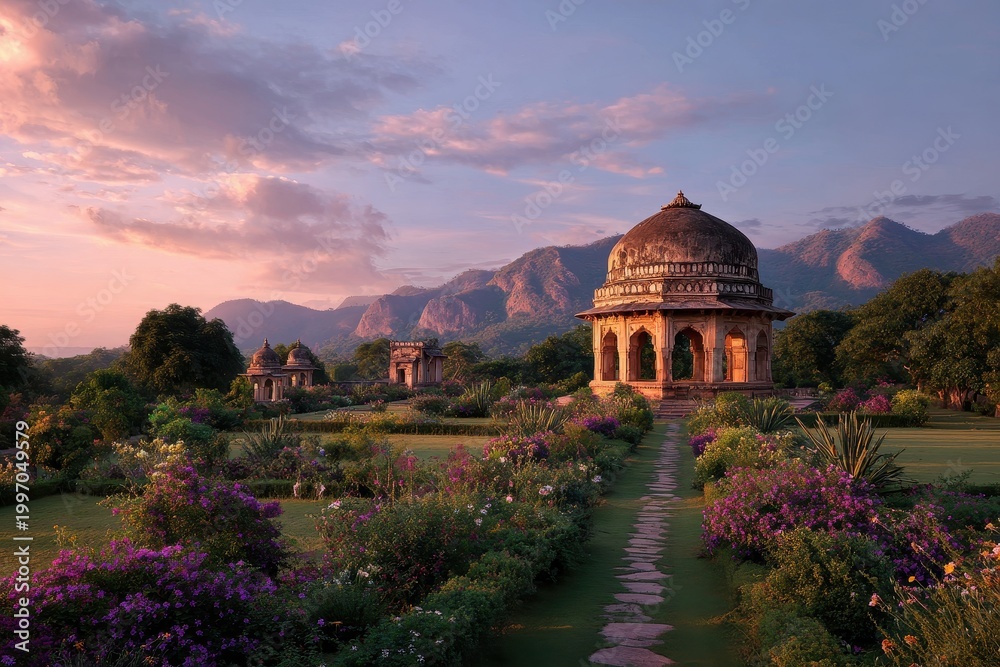 Obraz premium Serene Ancient Garden Mausoleums Bathed in Golden Hour Sunlight with Lush Purple and Pink Flowers and Majestic Mountain Backdrop