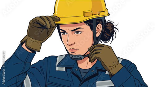 Female Construction Worker Adjusting Communication Headset Wearing Safety Helmet and Gloves Industrial Safety Concept